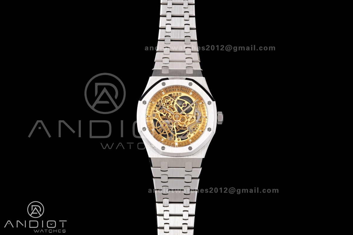 Royal Oak 41mm Openworked 15407 SS DDF 1:1 Best Edition YG Dial on SS Bracelet SA3132 Double Balance Wheels